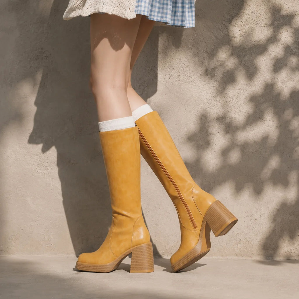 Butter Yellow Estepona Leather Platform Boots on-foot view