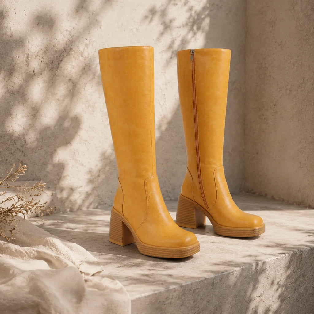 Butter Yellow Estepona Leather Platform Boots styled scene