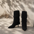 Deep Black Denia Sheepskin Stiletto Boots styled scene
