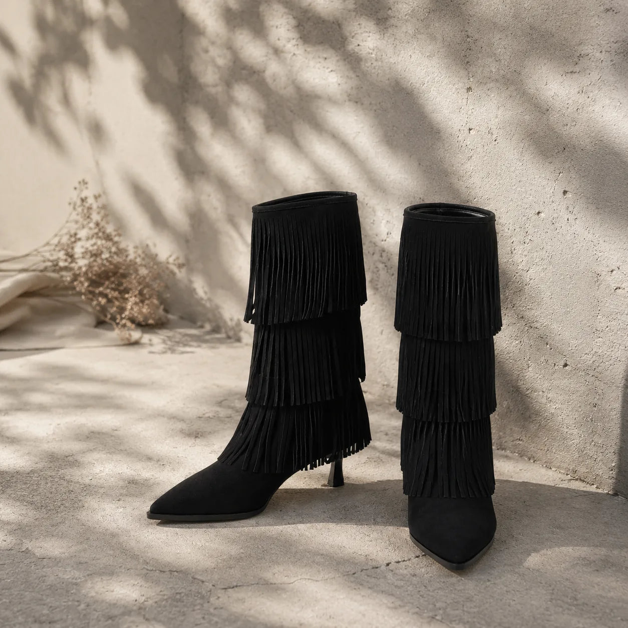 Deep Black Denia Sheepskin Stiletto Boots styled scene
