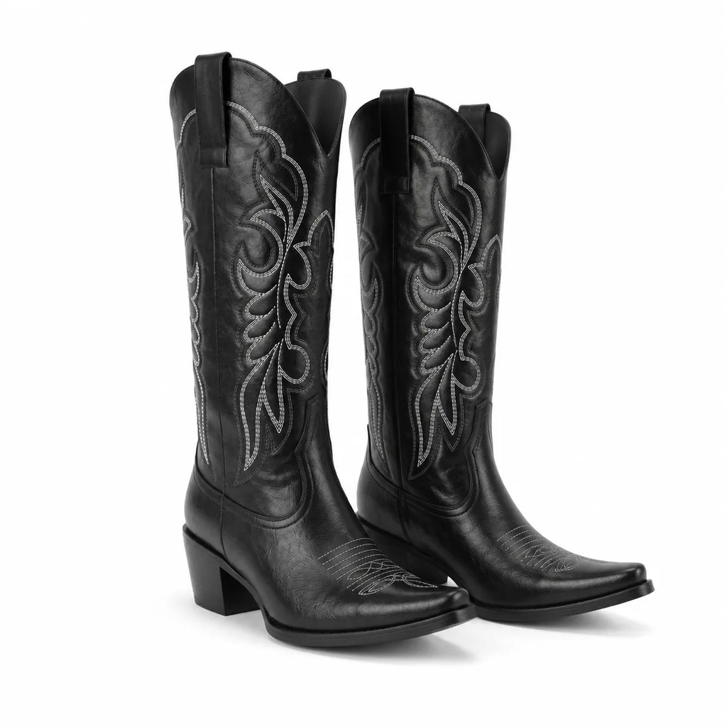 Deep Black Begur Leather Square-Heel Boots