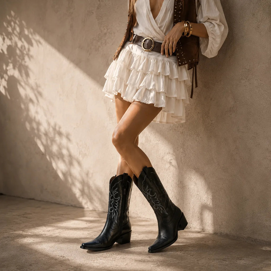 Deep Black Begur Leather Square-Heel Boots lifestyle scene