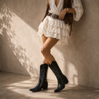 Deep Black Begur Leather Square-Heel Boots lifestyle scene