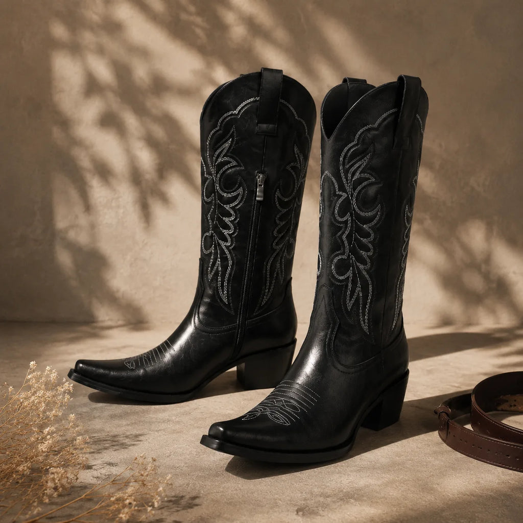 Deep Black Begur Leather Square-Heel Boots styled scene