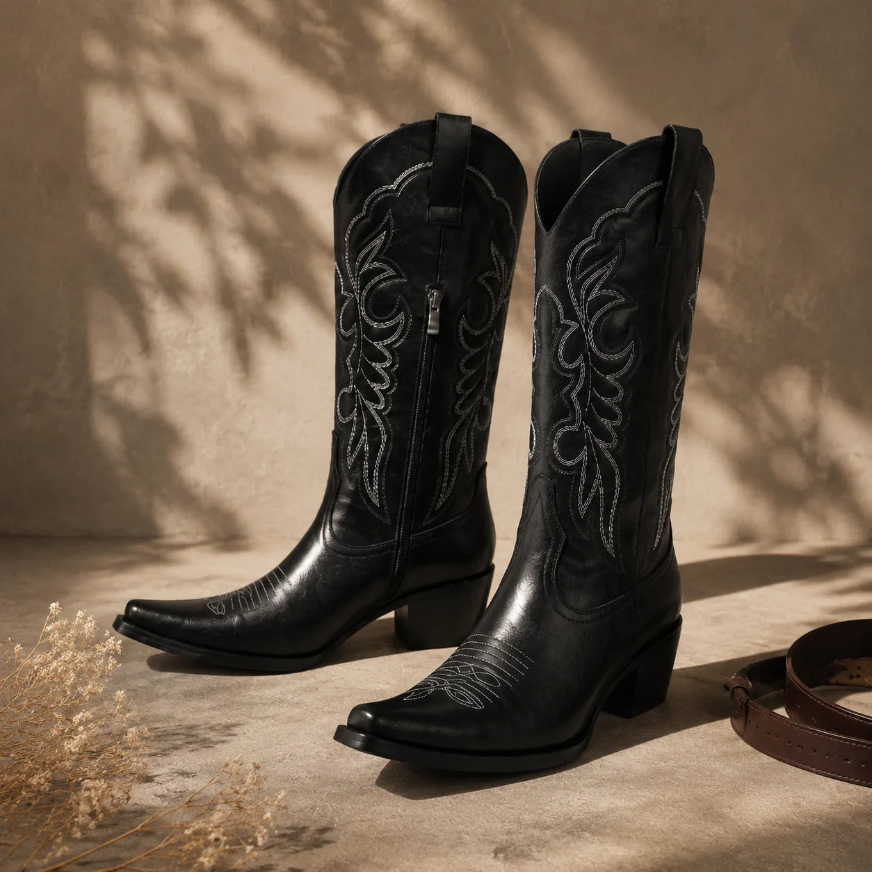 Deep Black Begur Leather Square-Heel Boots styled scene