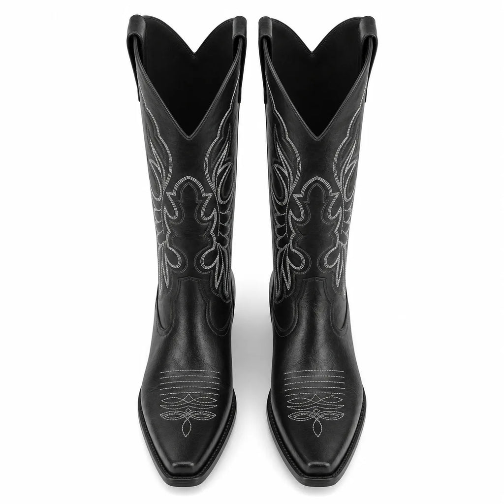 Deep Black Begur Leather Square-Heel Boots top view