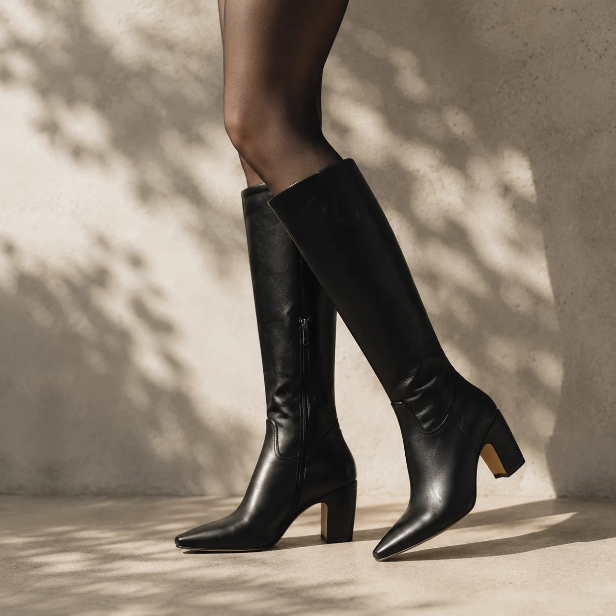 Deep Black Simona Leather Knee-High Boots on-foot view