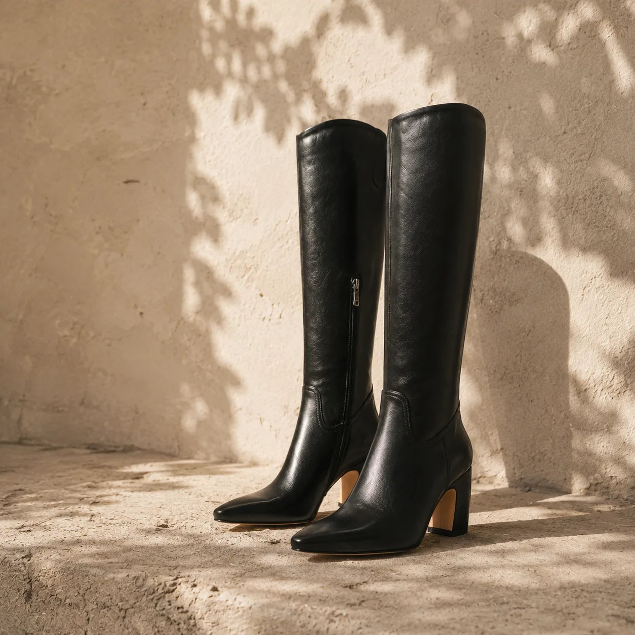 Deep Black Simona Leather Knee-High Boots styled scene