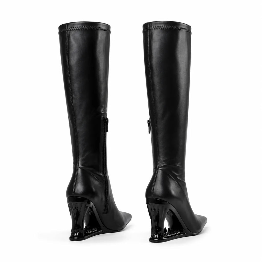 Deep Black Blanes Leather Knee-High Boots heel detail