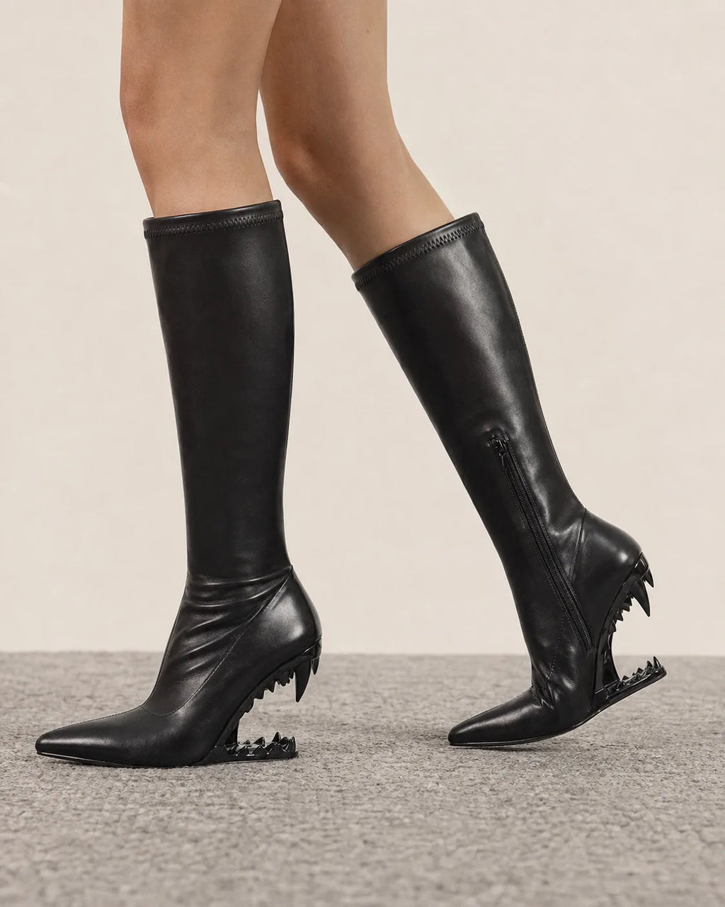 Deep Black Blanes Leather Knee-High Boots on-foot view