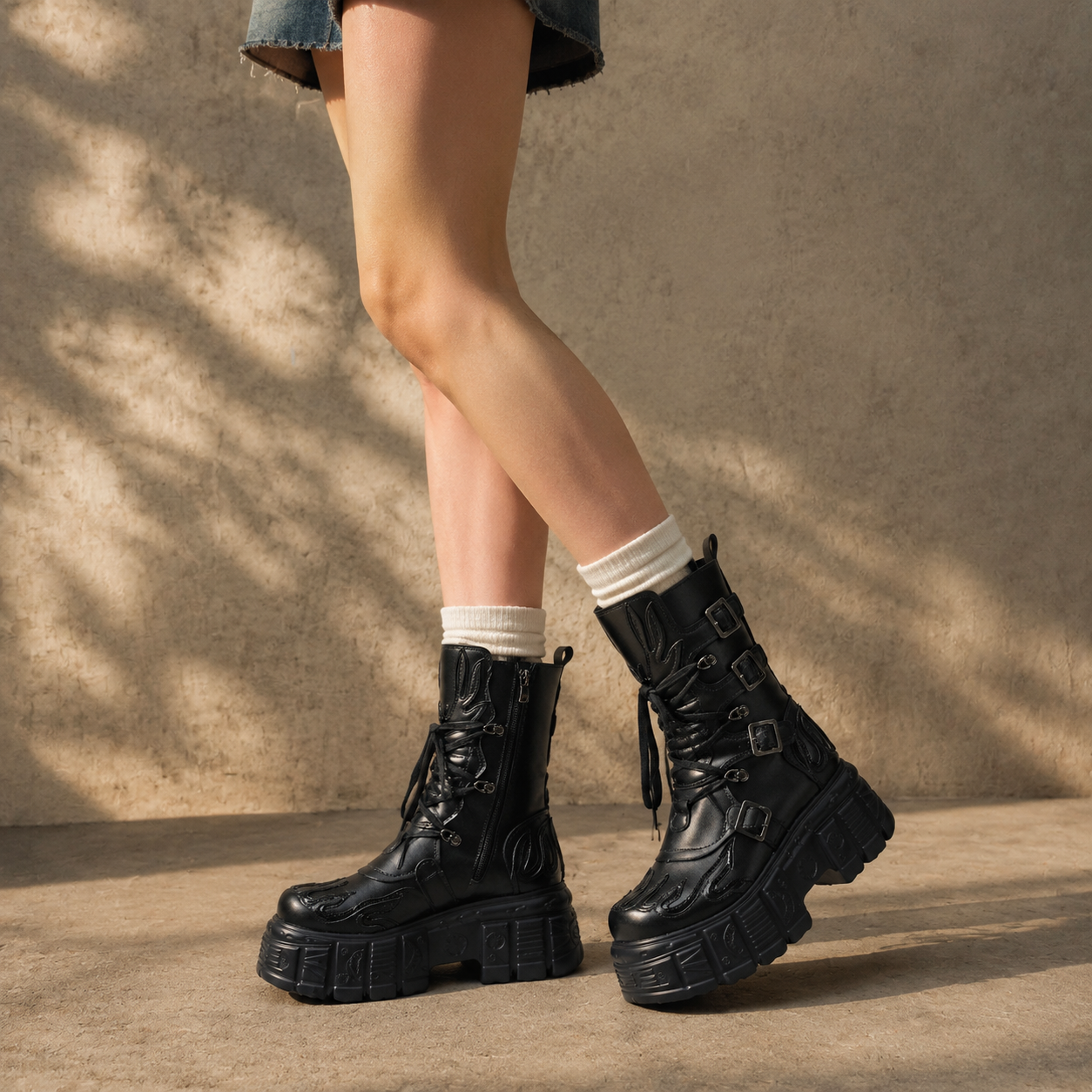 Deep Black Montefalco Sheepskin Mid-Calf Boots on-foot view