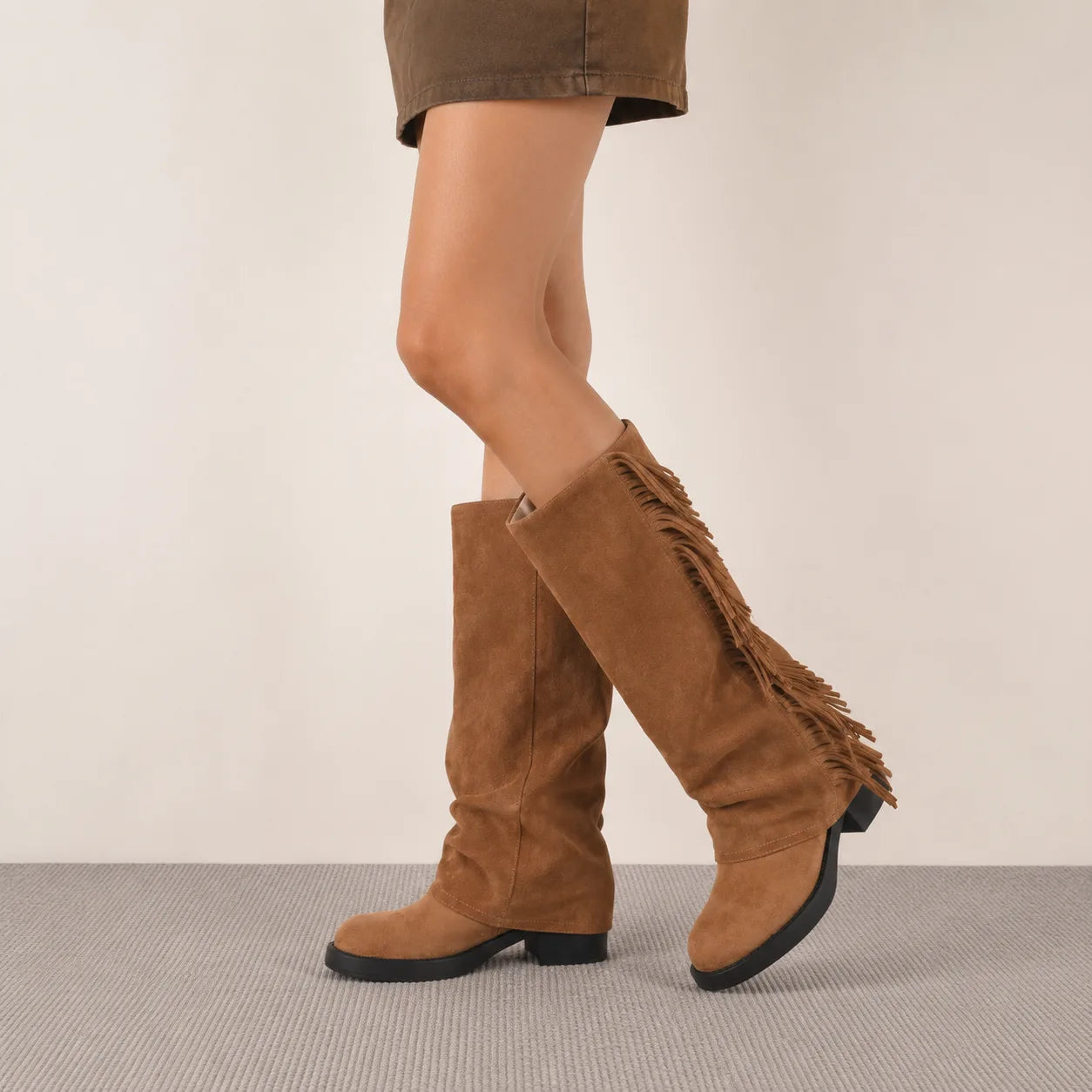 Rich Brown Javea Leather Block-Heel Boots on-foot view