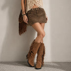 Rich Brown Javea Leather Block-Heel Boots lifestyle scene