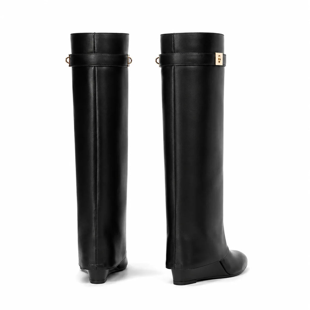 Deep Black Tavira Leather Wedge Boots heel detail