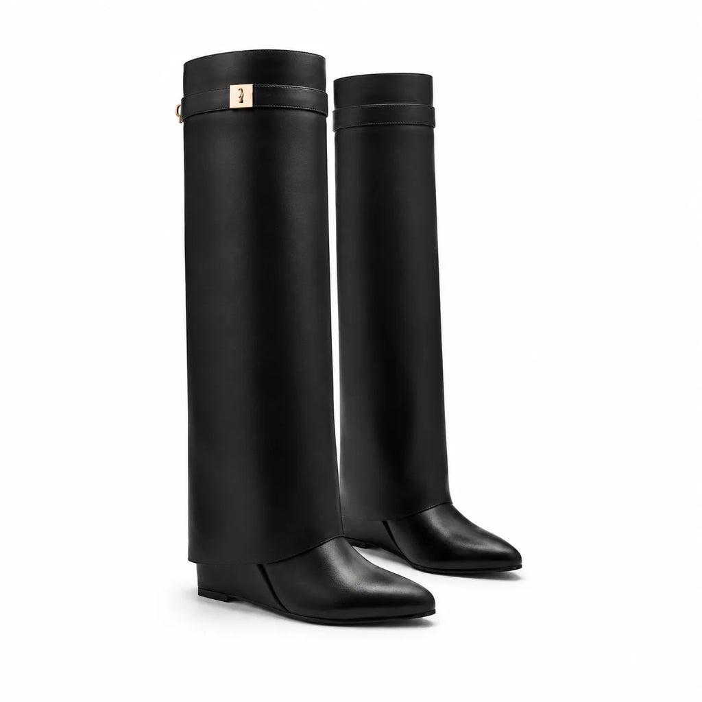 Deep Black Tavira Leather Wedge Boots