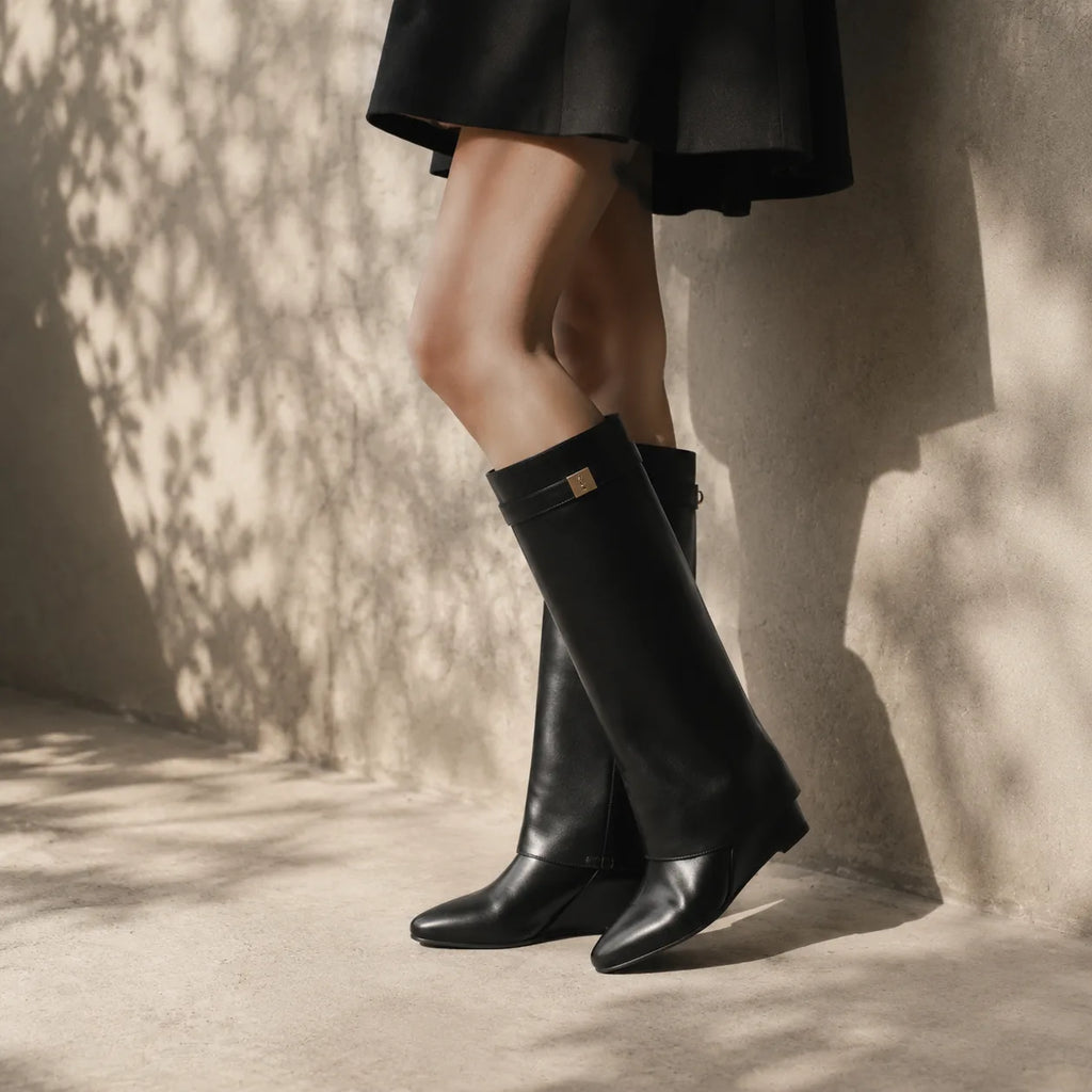 Deep Black Tavira Leather Wedge Boots on-foot view