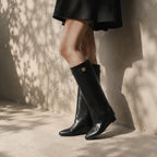 Deep Black Tavira Leather Wedge Boots on-foot view