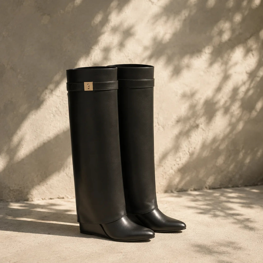 Deep Black Tavira Leather Wedge Boots styled scene