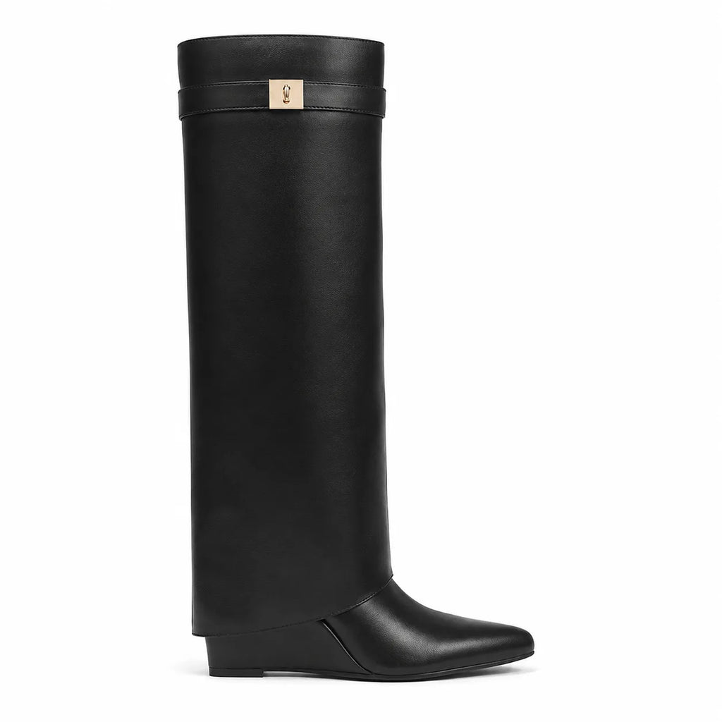 Deep Black Tavira Leather Wedge Boots side view