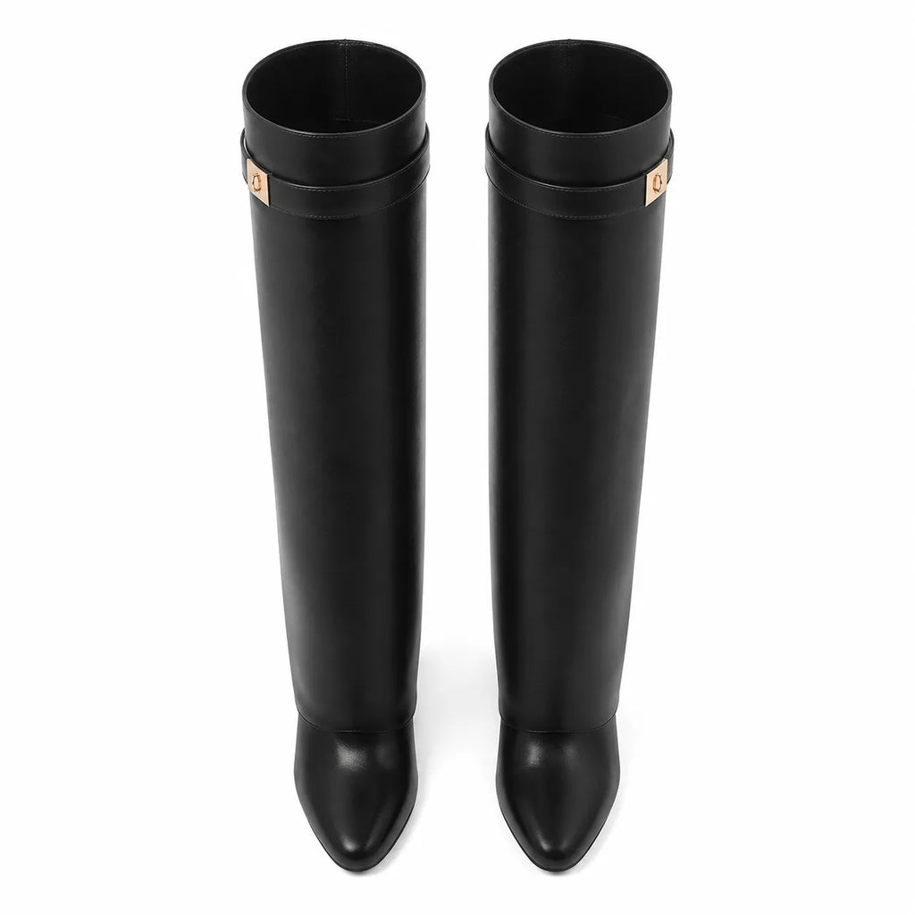 Deep Black Tavira Leather Wedge Boots top view
