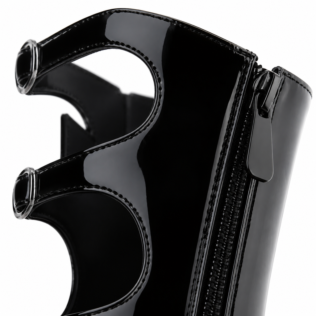 Black Patent Lipari Leather Block-Heel Boots close-up detail