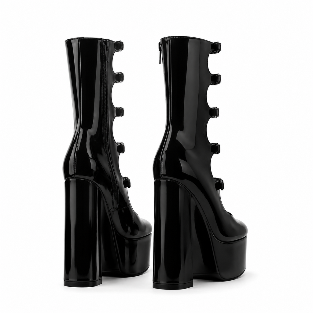 Black Patent Lipari Leather Block-Heel Boots heel detail