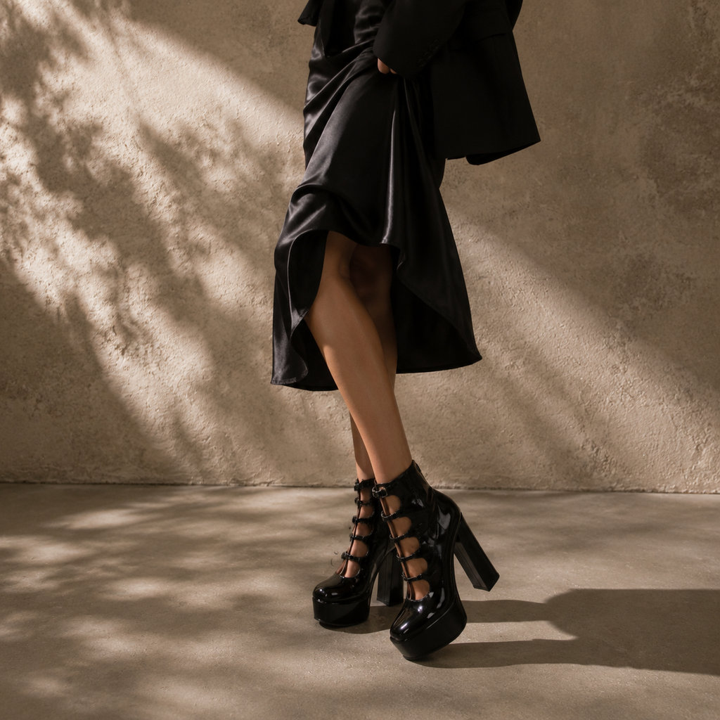 Black Patent Lipari Leather Block-Heel Boots lifestyle scene