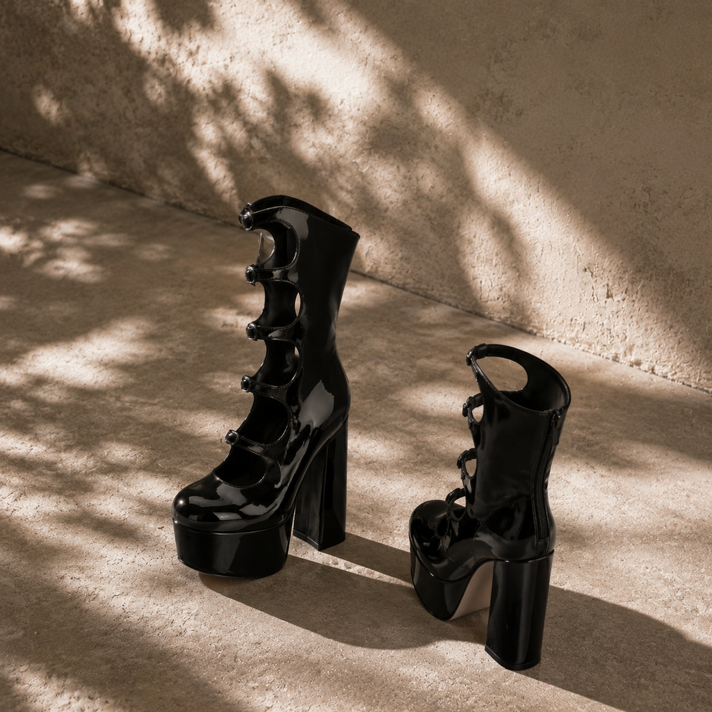 Black Patent Lipari Leather Block-Heel Boots styled scene