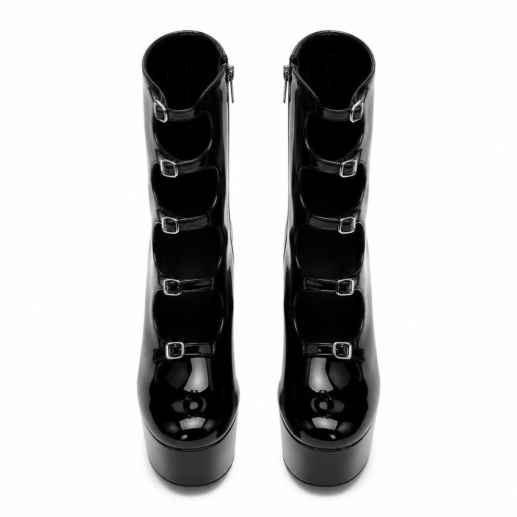 Black Patent Lipari Leather Block-Heel Boots top view