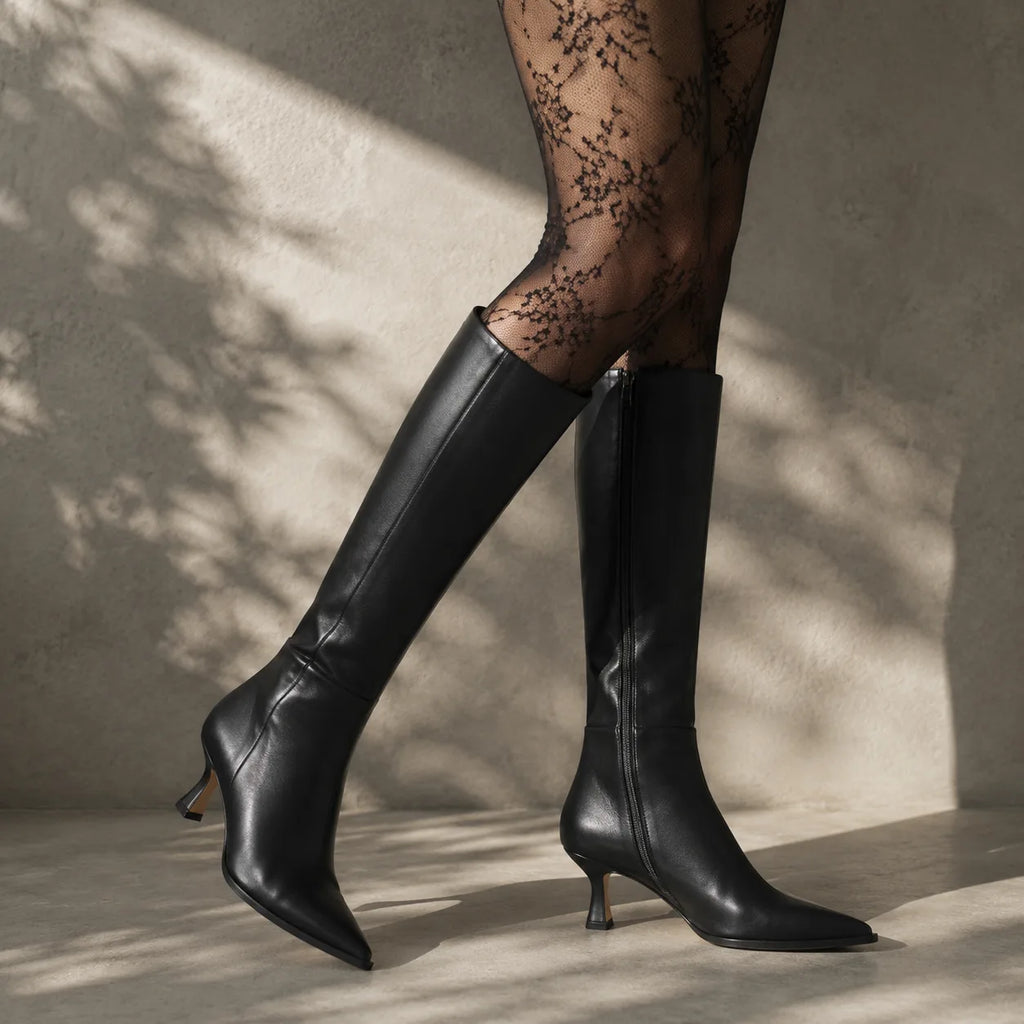 Deep Black Renata Thin-Heel Boots on-foot view