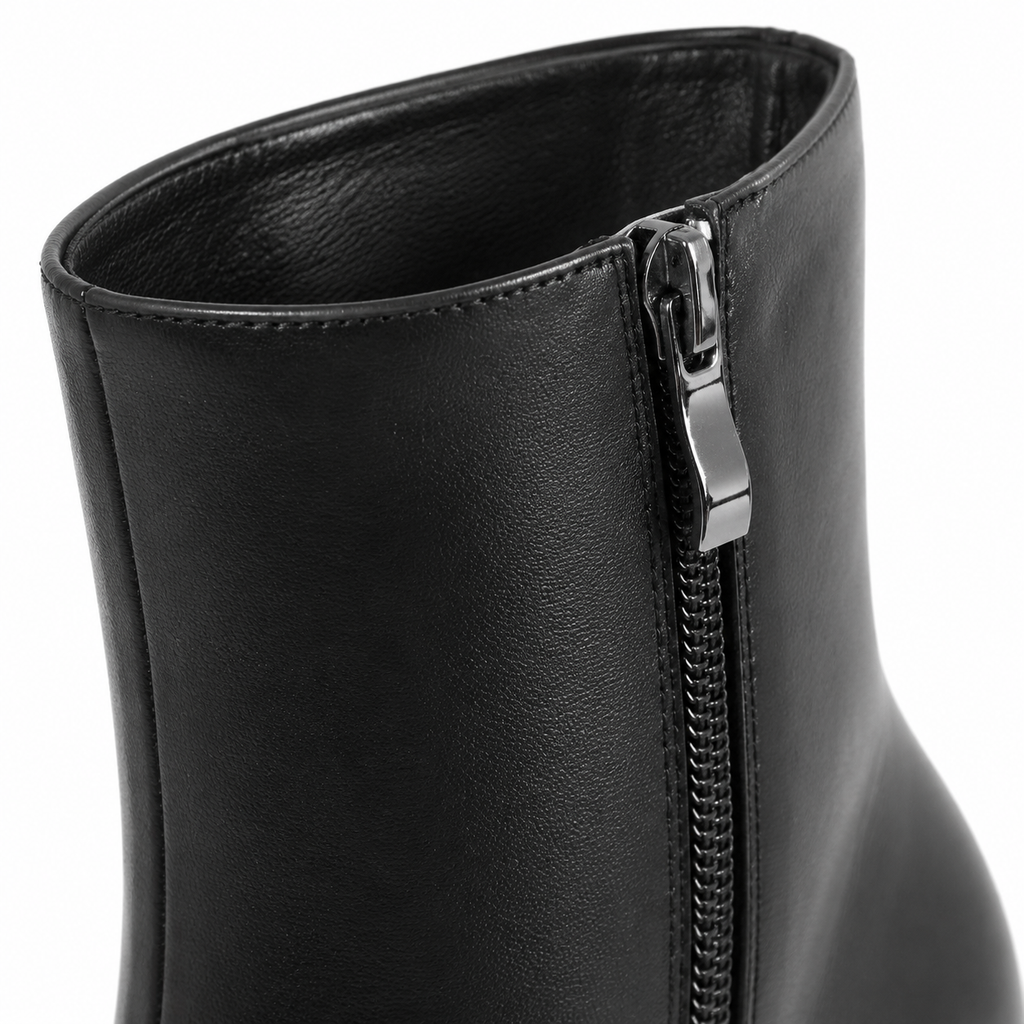 Deep Black Modica Leather Block-Heel Boots close-up detail