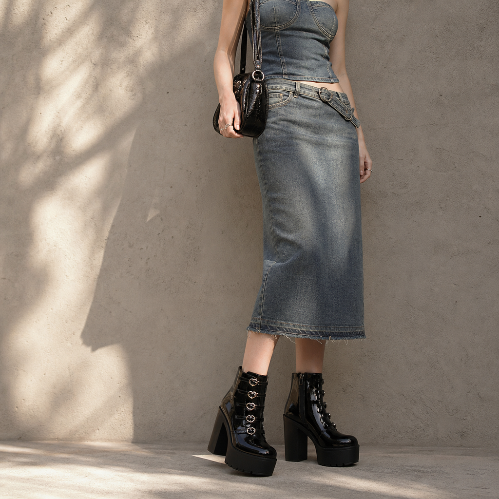 Deep Black Mantova Leather Block-Heel Boots lifestyle scene