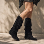 Deep Black Deia Suede Block-Heel Boots on-foot view