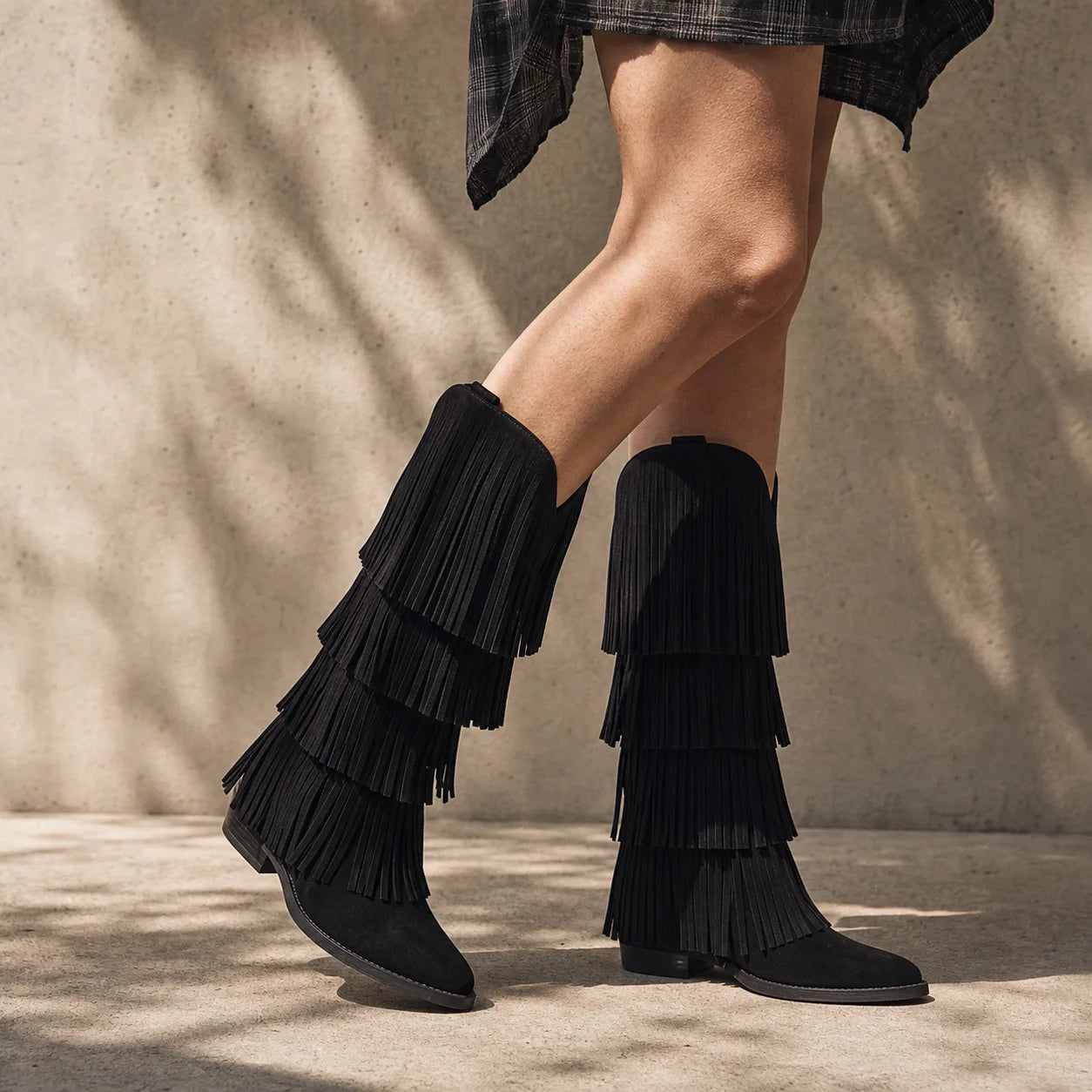 Deep Black Deia Suede Block-Heel Boots on-foot view