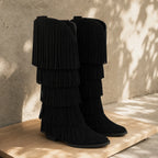 Deep Black Deia Suede Block-Heel Boots styled scene