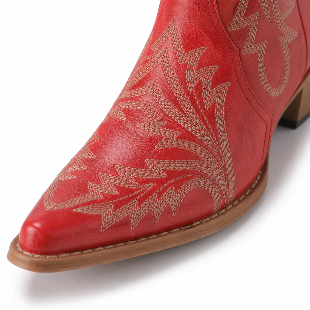 Deep Red Soller Leather Mid-Heel Boots close-up detail