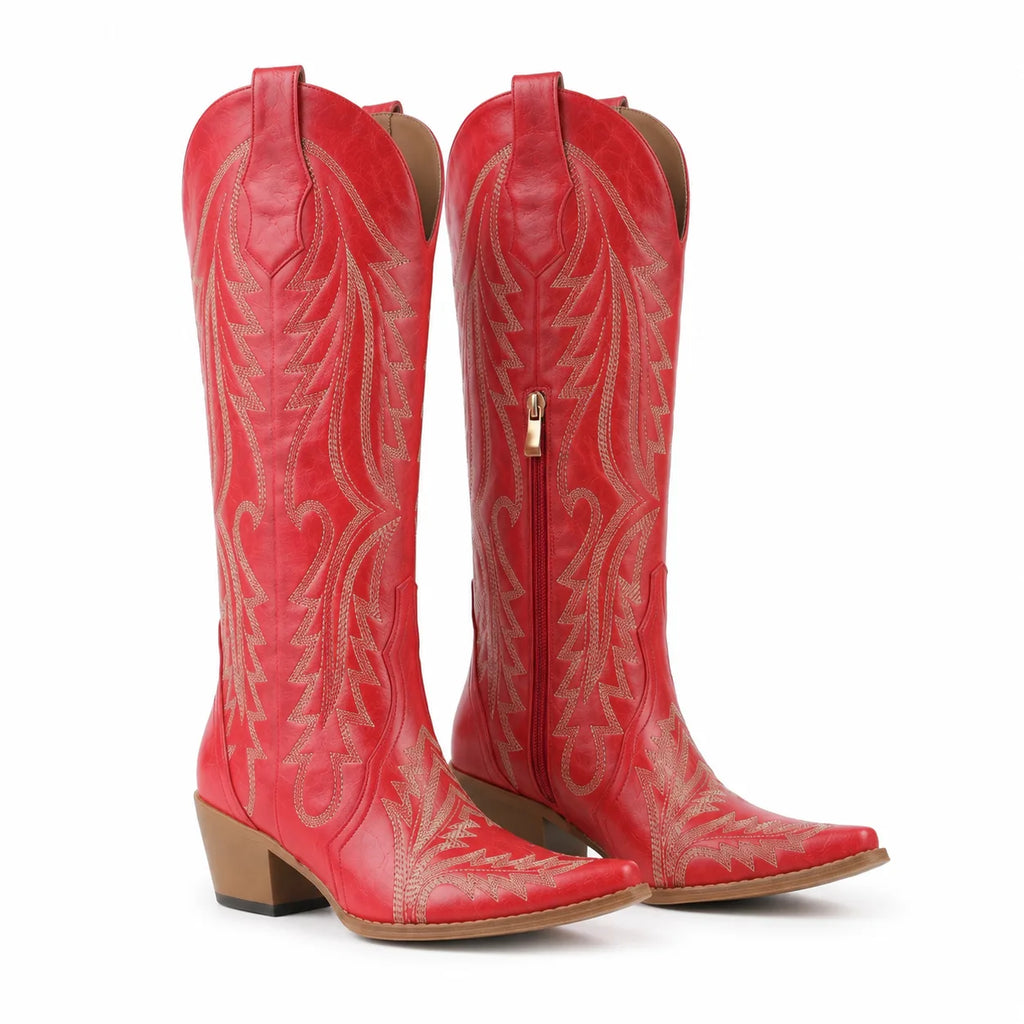 Deep Red Soller Leather Mid-Heel Boots