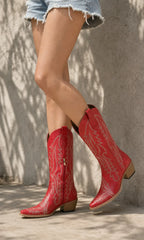 Deep Red Soller Leather Mid-Heel Boots on-foot view