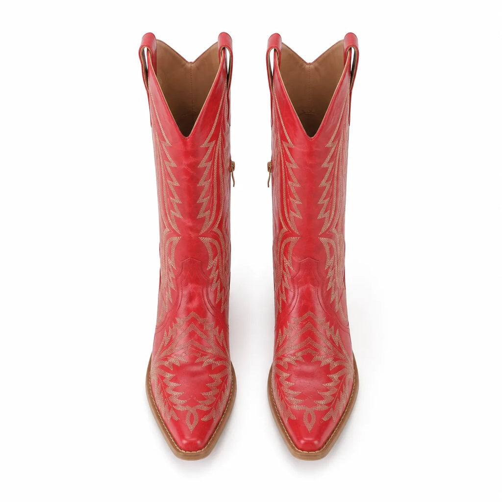 Deep Red Soller Leather Mid-Heel Boots top view