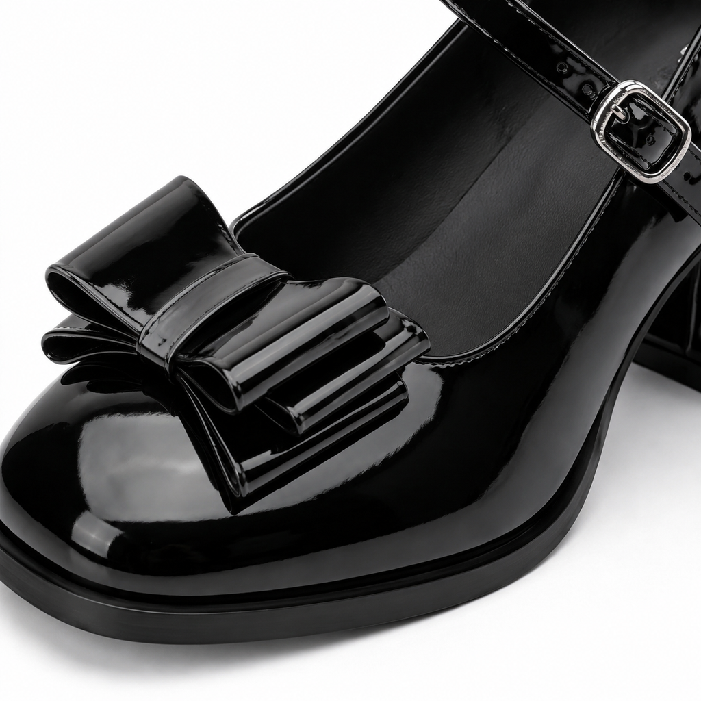 Deep Black Cassia Leather Square-Heel Pumps close-up detail