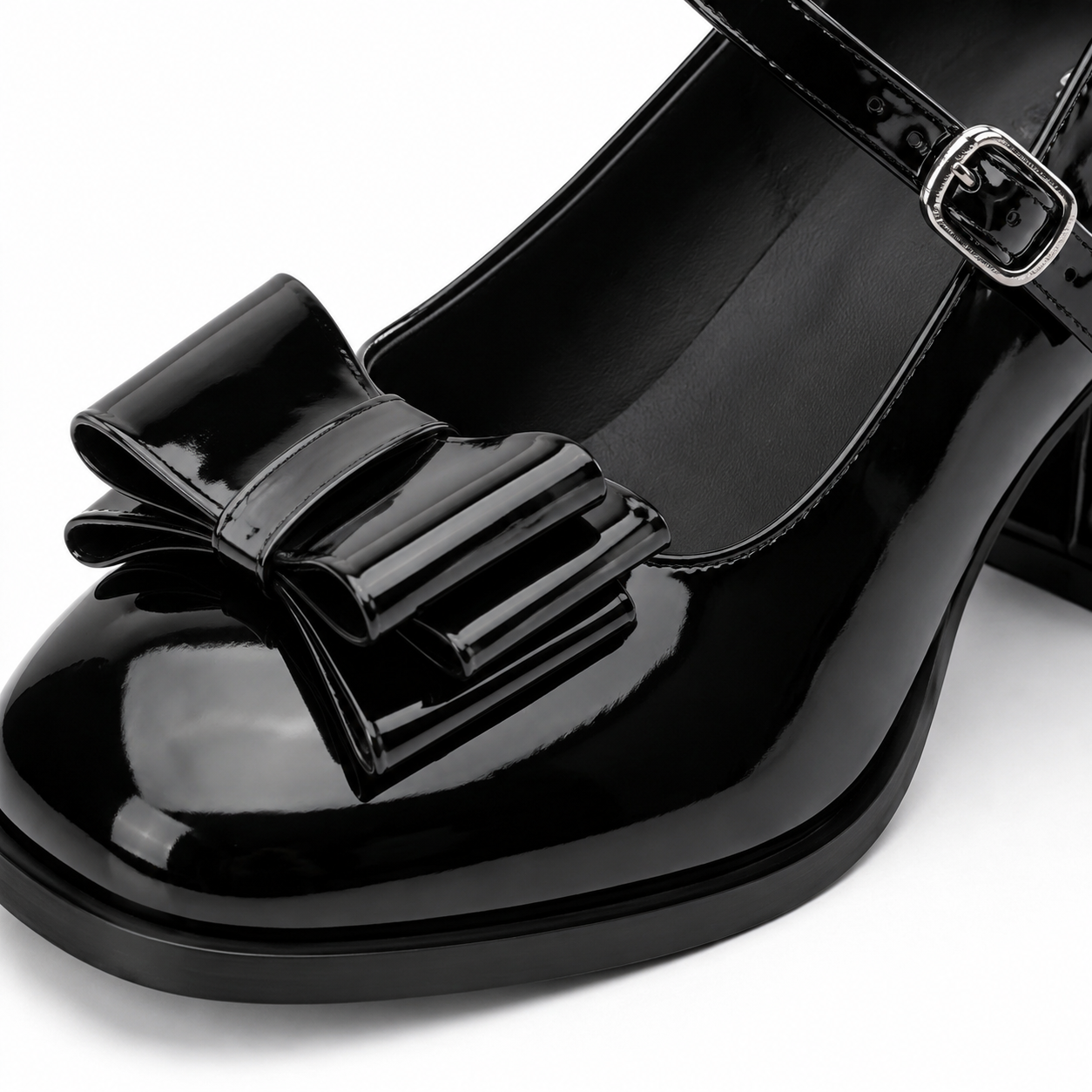 Deep Black Cassia Leather Square-Heel Pumps close-up detail