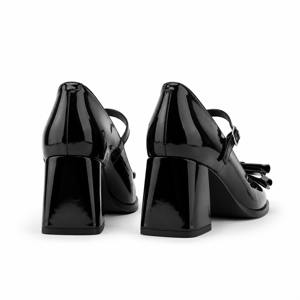 Deep Black Cassia Leather Square-Heel Pumps heel detail