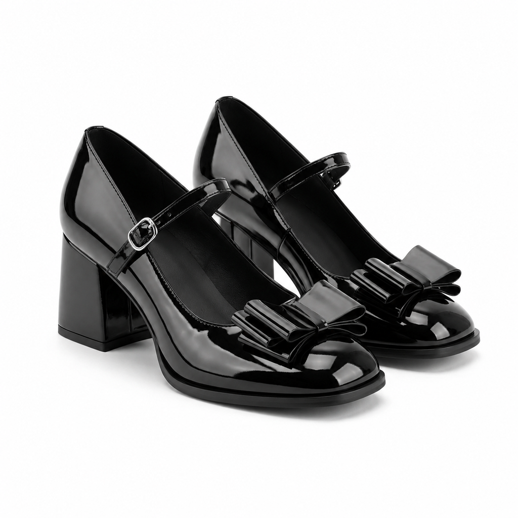 Deep Black Cassia Leather Square-Heel Pumps