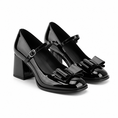 Deep Black Cassia Leather Square-Heel Pumps