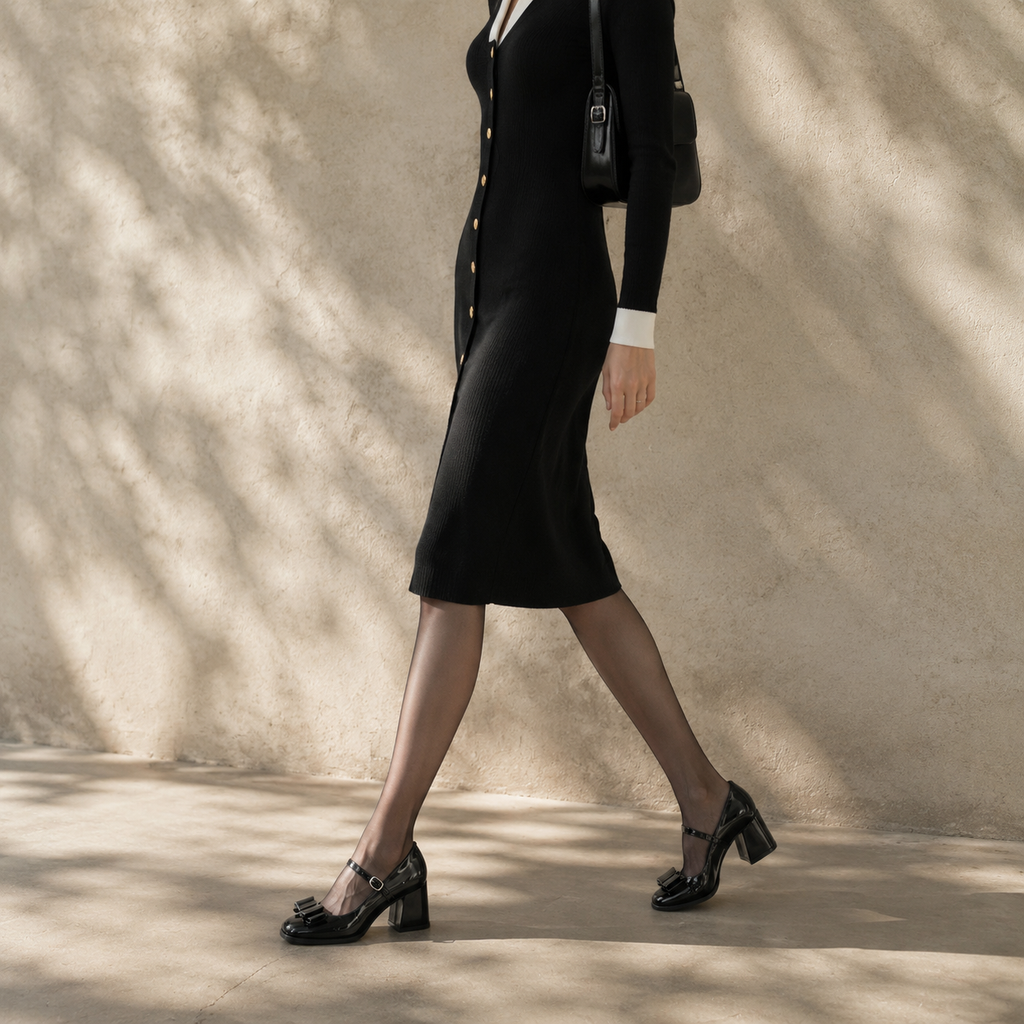 Deep Black Cassia Leather Square-Heel Pumps lifestyle scene