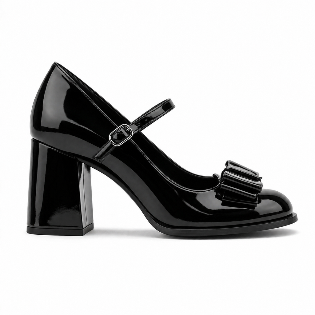 Deep Black Cassia Leather Square-Heel Pumps side view