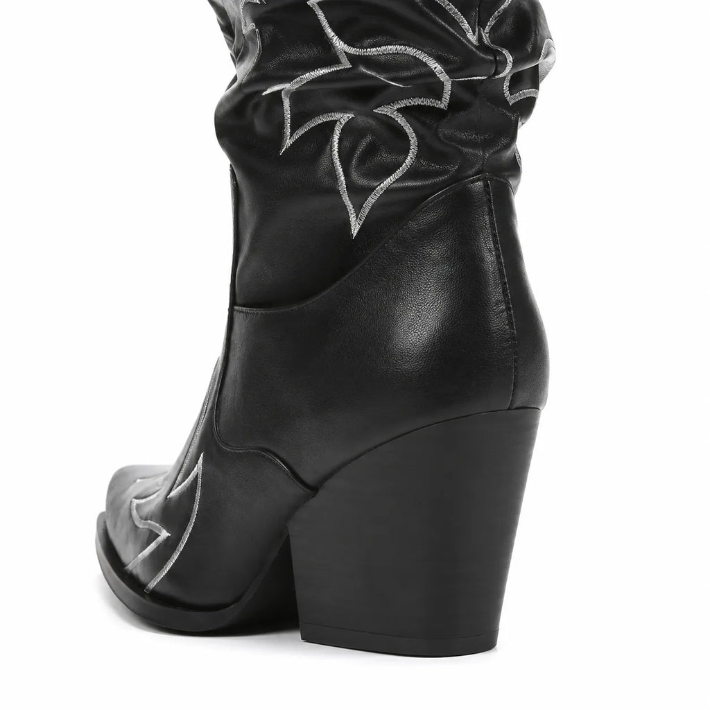 Deep Black Tossa Embroidered Leather Boots close-up detail