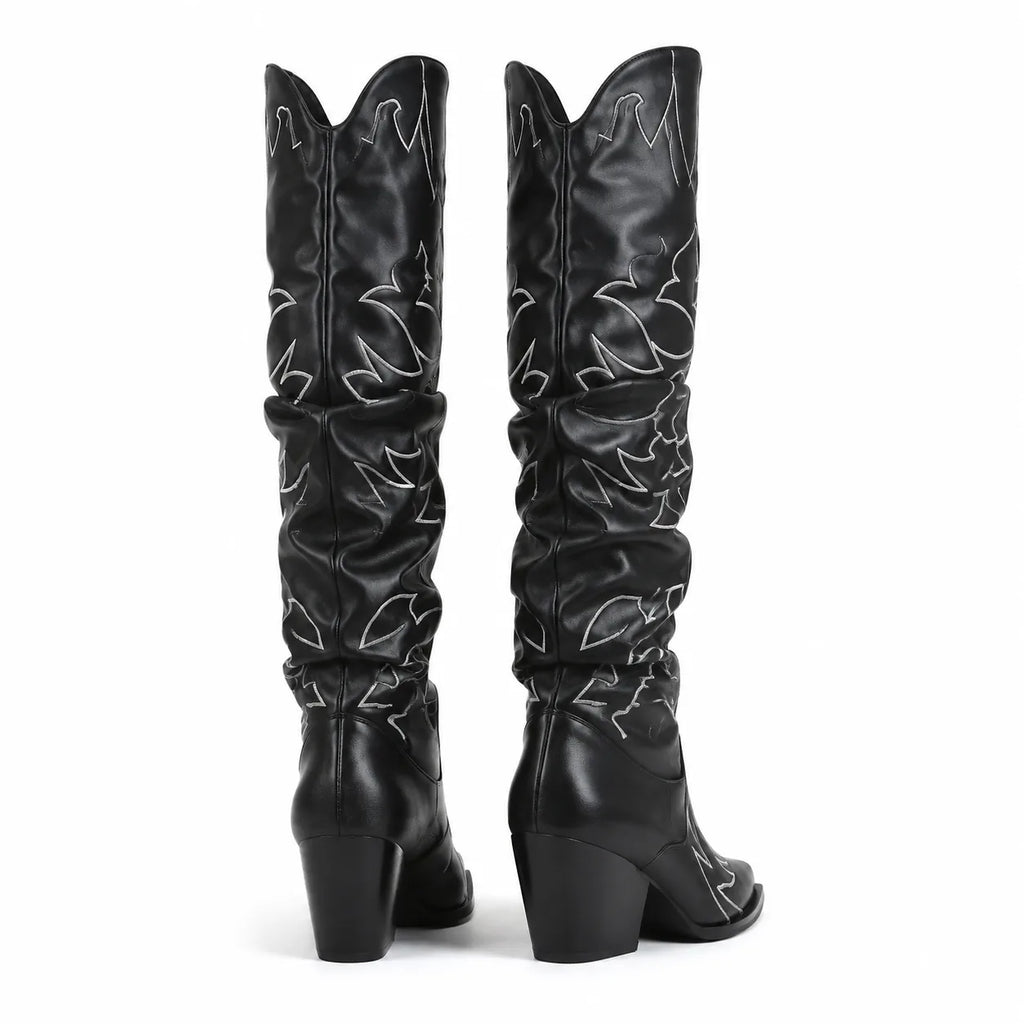 Deep Black Tossa Embroidered Leather Boots heel detail