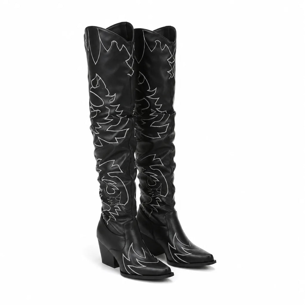 Deep Black Tossa Embroidered Leather Boots