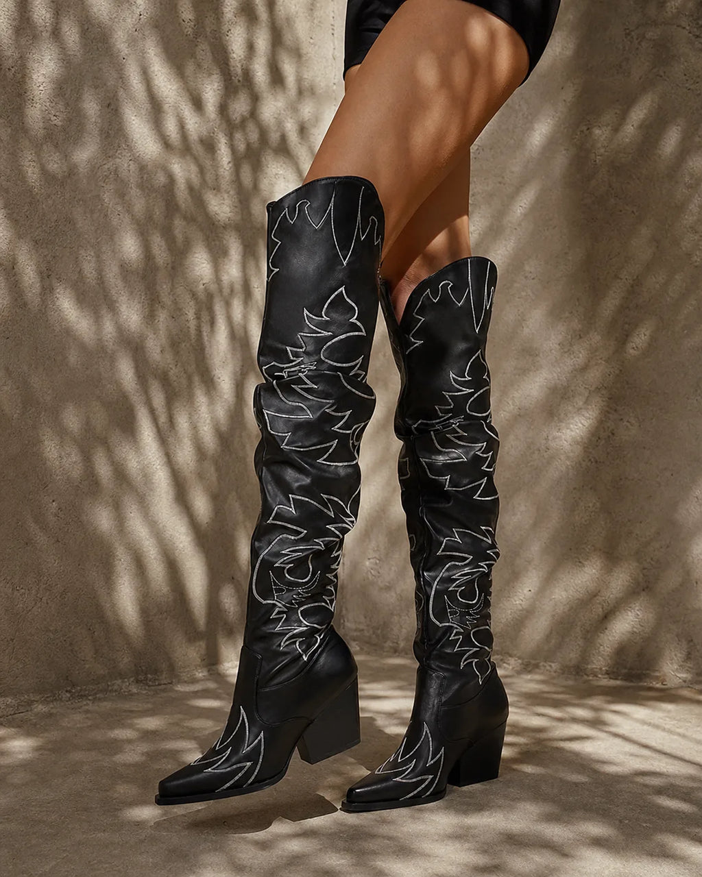 Deep Black Tossa Embroidered Leather Boots on-foot view